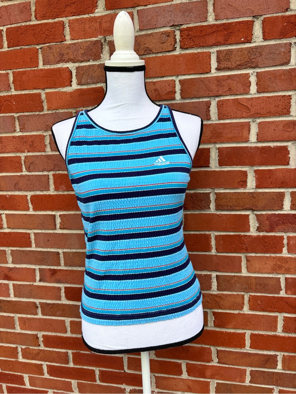 Y2K 90s Vintage Adidas Blue Striped Ribbed Knit Tank Top Womens Medium